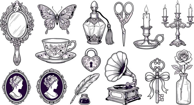 Vintage victorian style collection of antique objects isolated on white background