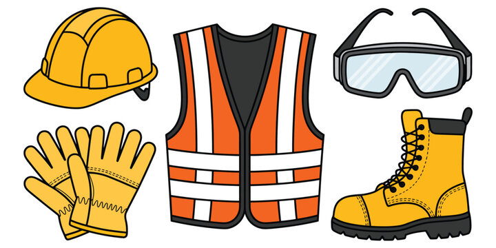Safety essentials icons featuring helmet, high visibility vest, safety glasses, gloves, and work boots for construction site PPE equipment and workplace protection. Vector illustration.