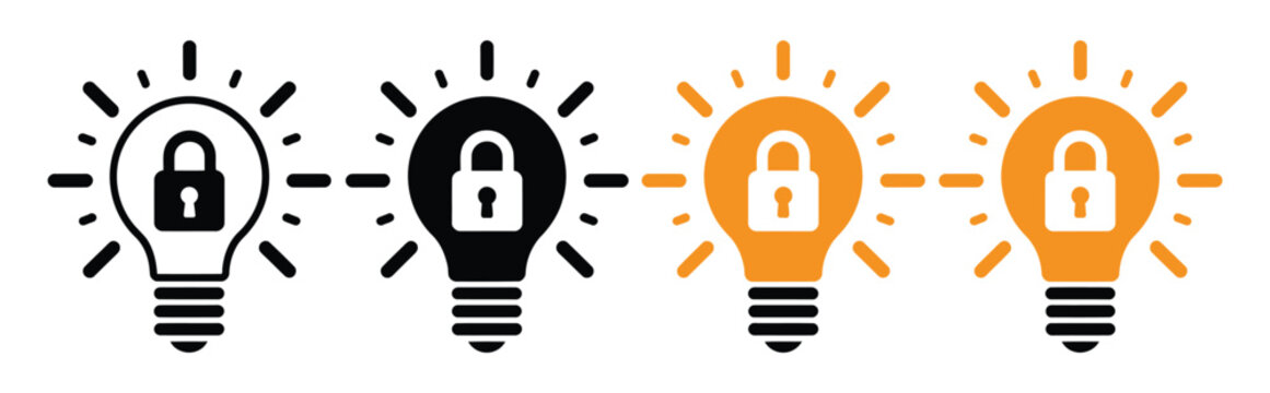 Patent and Intellectual Property Icon Logo Set, Legal Innovation Symbols, Copyright Protection Trademark Registration, Invention Ownership Licensing Rights Management Vector Illustration.