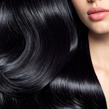 A woman's face partially covered by long, flowing dark hair