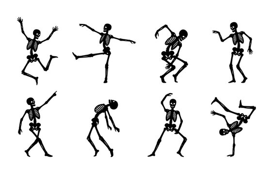 Dancing Skeletons Vector Set, Spooky Halloween Characters, Fun Skeleton Poses, Black and White Graphic Elements for Festive Designs