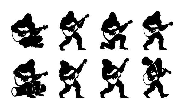 Bigfoot Guitarist Silhouette Collection, Mythical Creature Playing Acoustic Guitar, Set of 8 Diverse Poses, Cryptid Musician Vector Icons