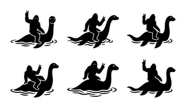 Bigfoot Riding Loch Ness Monster Vector Icons, Cryptid Mythical Creature Silhouettes, Funny Fantasy Aquatic Adventure Graphics