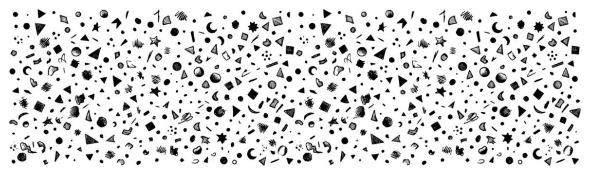 Geometric shapes and celestial symbols scattered pattern hand drawn in doodle style