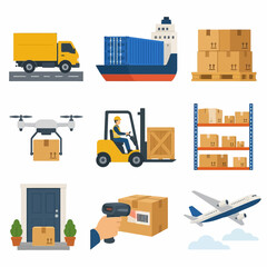 Naklejka premium Set of logistics and global shipping icons including a delivery truck, cargo ship, stacked cardboard boxes on pallet, drone, forklift, warehouse shelving, and barcode scanner.