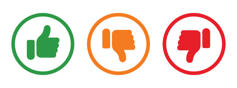 positive, neutral and negative feedback icon collection with thumbs rating symbols, vector illustration for reviews, surveys and user sentiment analysis.