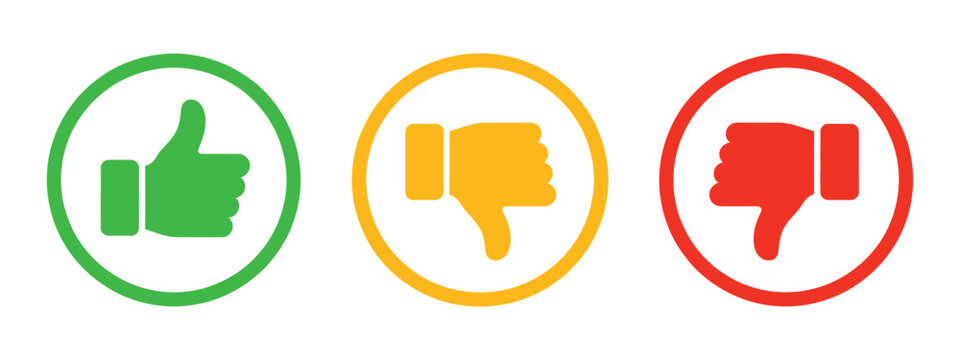 positive, neutral and negative feedback icon collection with thumbs rating symbols, vector illustration for reviews, surveys and user sentiment analysis.