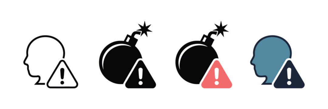 Set of warning icons with human head and bomb symbols