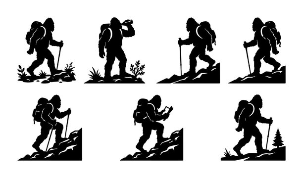 Bigfoot Hiking Silhouettes, Sasquatch Trekking Icons, Cryptid Adventure Vector Set, Outdoor Exploration Graphics
