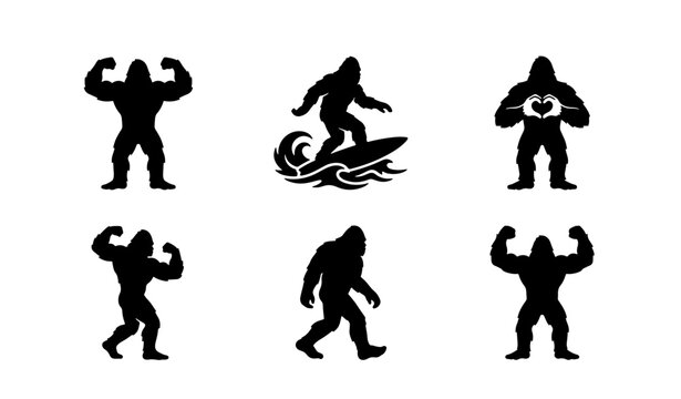 Bigfoot Silhouettes Collection, Cryptid Icons, Mythical Creature Vector Set, Sasquatch Poses, Outdoor Adventure Graphics