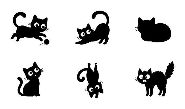 Playful Black Cat Silhouettes, Cute Feline Poses Vector Set, Whimsical Kitten Expressions for Pet Lovers, Adorable Animal Graphics