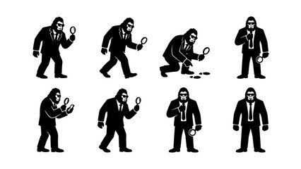 Gorilla Detective Vector Icons, Business Ape Character Set, Investigation and Research Concepts, Black and White Silhouette Illustrations © Nusrat