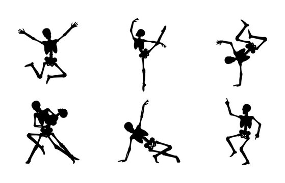 Dancing Skeletons Vector Set, Spooky Halloween Silhouettes, Fun Bone Characters in Various Poses, Black and White Graphic Elements