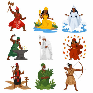 Set of nine West African Yoruba Orisha deities featuring Shango, Oshun, Yemaya, Ogun, Obatala, Oya, Eshu, Osanyin, and Oshosi with traditional symbols in flat vector style.