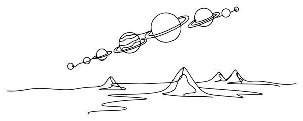 Solar system planets alignment over mountain landscape in continuous line style © Amelia