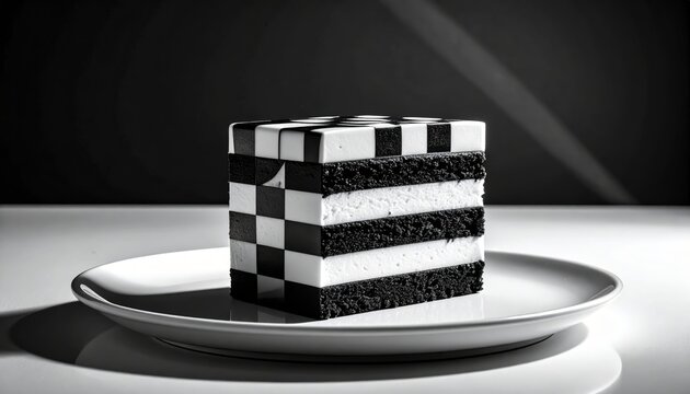 A striking black and white checkerboard layer cake presented on a white plate, showcasing intricate geometric patterns and contrasting textures