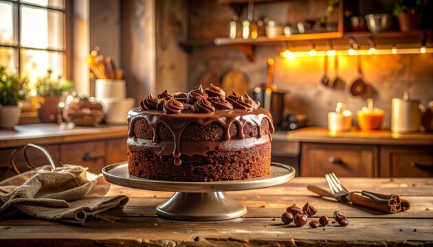A Rustic Homemade Chocolate Cake With Rich Chocolate Frosting And Drips