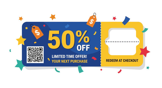 50% Off Coupon with QR Code and Confetti - Limited Time Offer