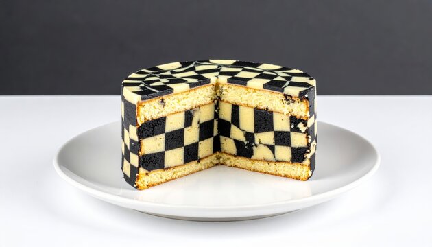 A striking checkerboard cake sliced open, revealing its bold black and white geometric pattern inside