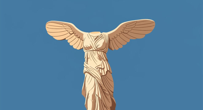 Vector illustration of the headless Nike statue from the ancient city of Ephesus, representing the Winged Victory goddess with outspread wings and drapery, set on blue.