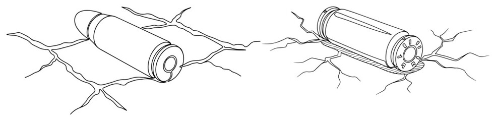 Bullet cartridge hitting ground with cracks in minimalist continuous line art style © Amelia