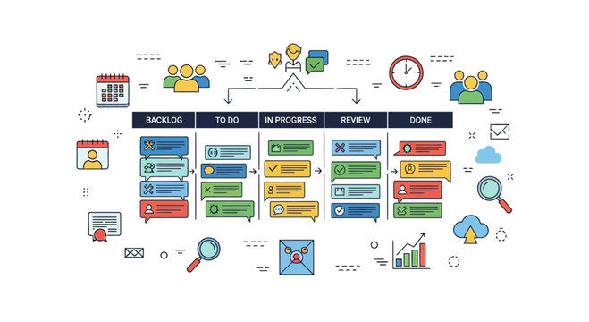 Agile Kanban Board with Tasks and Workflow Icons