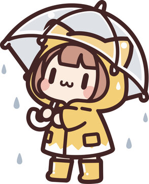 梅雨の雨の日をテーマにした黄色いレインコートのかわいい女の子のちびキャラのベクターイラスト
