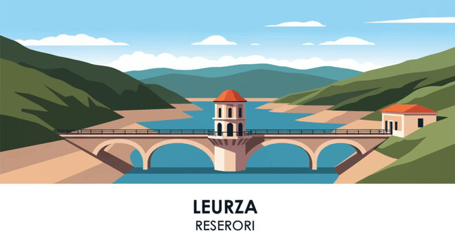 Flat vector landscape illustration of the Leurtza Reservoir in Navarra, Spain, featuring a stone arched bridge dam, a circular tower with a red roof, green hills, and blue water.