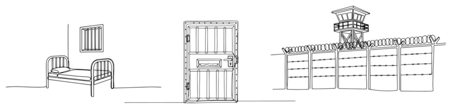 Prison cell furniture and exterior wall with guard tower set in minimalist line art style