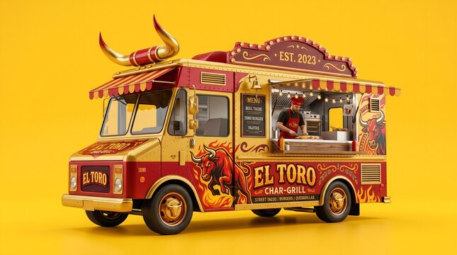 Summer bull themed food truck vector illustration on solid yellow background