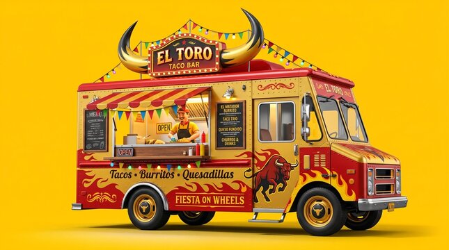 Summer bull themed food truck on solid yellow background