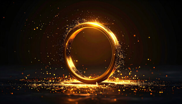 Glowing golden ring with sparks and particles on dark
