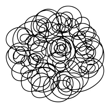 Tangle of messy lines forming a chaotic ball in continuous scribble style