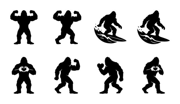 Bigfoot Silhouette Collection: Mythical Creature Poses, Surfing, Heart Symbol, Strength Icons, Cryptid Vector Graphics