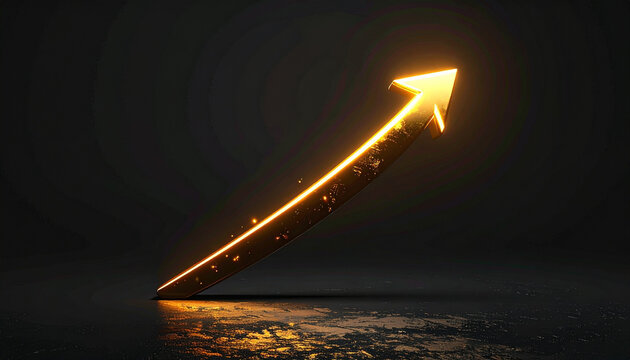 Golden arrow pointing up on dark surface with glowing light