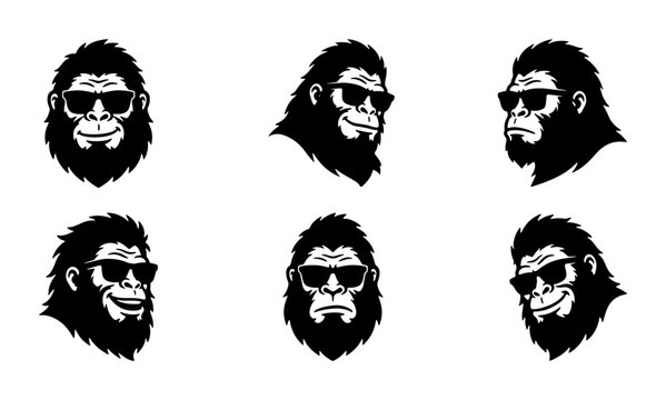Bigfoot Icon Set, Sasquatch Head Illustrations, Cryptid Character Emblems, Cool Primate Faces with Sunglasses, Vector Graphics for Wildlife and Mystery Themes