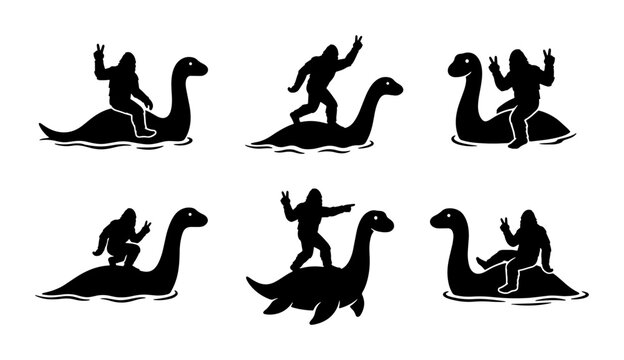 Bigfoot Riding Loch Ness Monster Silhouettes, Cryptid Pair Fun Vector Icons, Mythical Creature Duo Graphic Elements