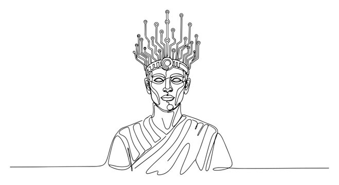 Humanoid cyborg with electronic circuit crown in minimalist continuous line art style