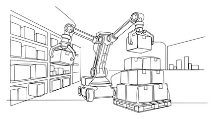 Fototapeta premium Robotic arm stacking boxes in warehouse in continuous line art style