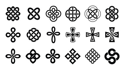 Knot symbols icons displaying eighteen minimalist black rope knot variations including decorative endless knots and traditional style tie patterns. Vector illustration. © ARIF AHMED 02