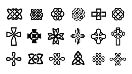 Knot symbols icons featuring eighteen black graphic designs from simple rope ties to complex decorative endless knots and cultural tassel elements. Minimalist vector illustration. © ARIF AHMED 02