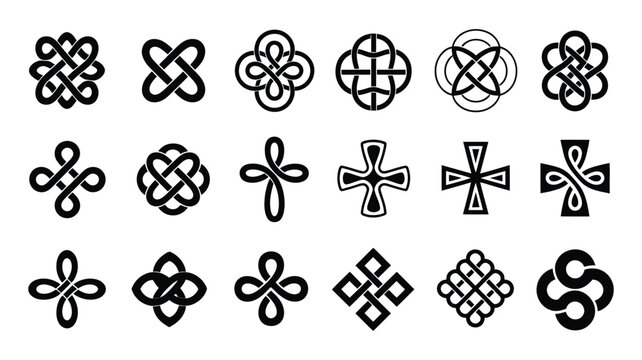 Knot symbols icons displaying eighteen minimalist black rope knot variations including decorative endless knots and traditional style tie patterns. Vector illustration.
