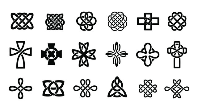 Knot symbols icons featuring eighteen black graphic designs from simple rope ties to complex decorative endless knots and cultural tassel elements. Minimalist vector illustration.
