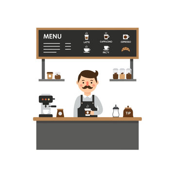 Barista at cafe counter serving coffee, cartoon vector illustration