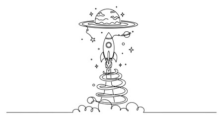 Rocket launching towards planet with rings in simple line art style © Amelia