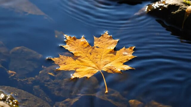 Golden maple leaf floats serenely on the surface of calm, reflective, blue water, nature's gentle beauty