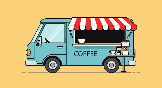 Cartoon food truck with coffee, retro style on yellow background