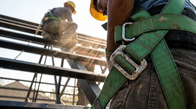 Construction workers wearing safety harnesses working on steel structure at height.
