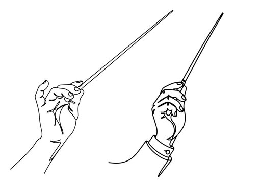 Conductor hands holding musical baton in minimalist continuous line art style