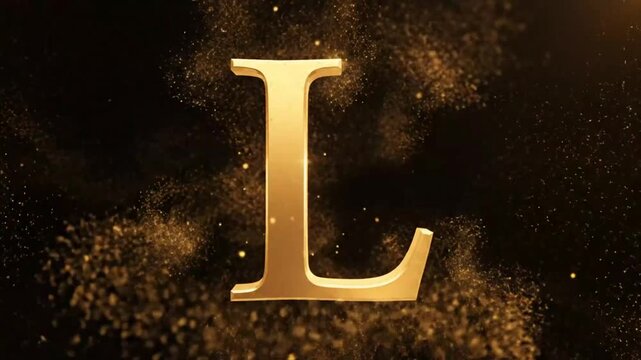 Luxurious golden letter L reveal with sparkling light and particle effects on black background for elegant presentations
